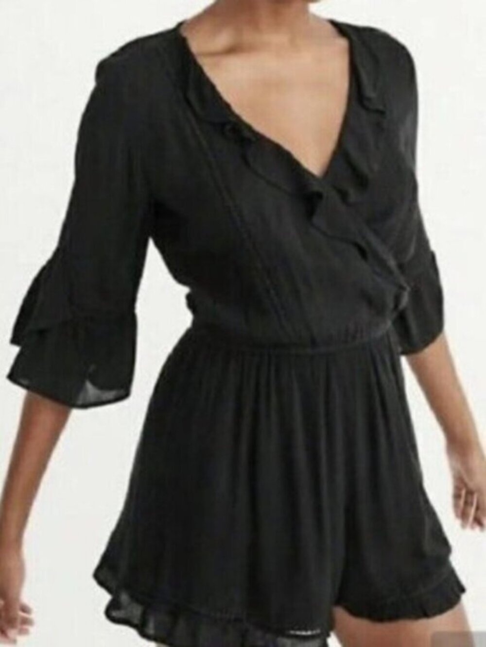 Abercrombie & Fitch SZ S Black Ruffled Deep V Neck Boho Romper Shorts Lined